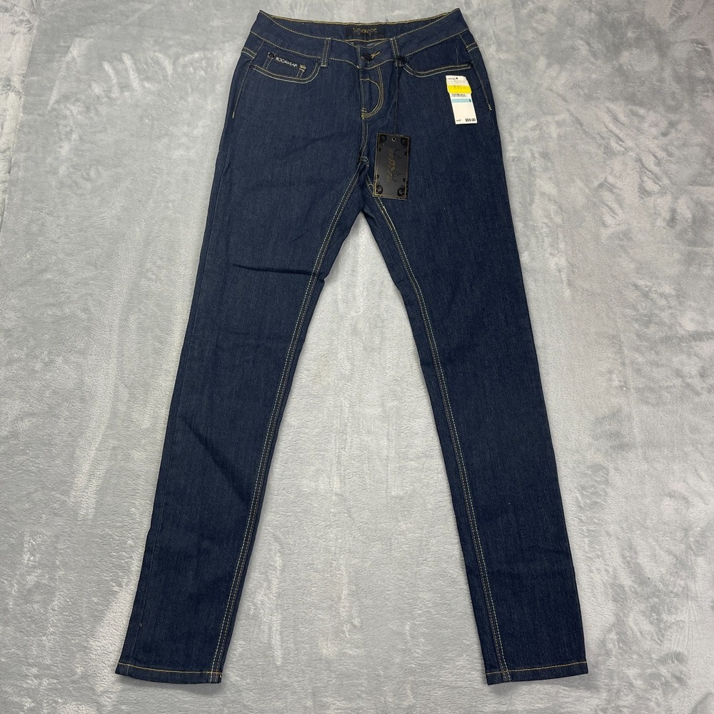 NWT Vtg Y2k Rocawear Skinny Jeans Womens 5‎ (28x33) Blue Embroidered Stitch Back
